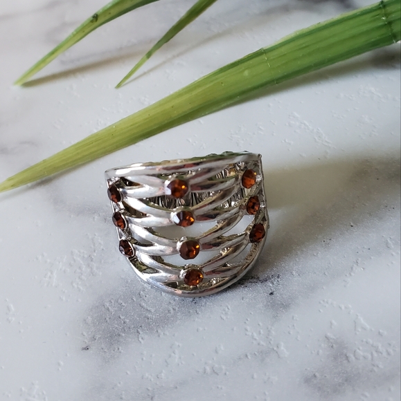 Silver Tone Adjustable Band Ring with Orange Brown Jewels 💥3 for $24💥 - Picture 11 of 15